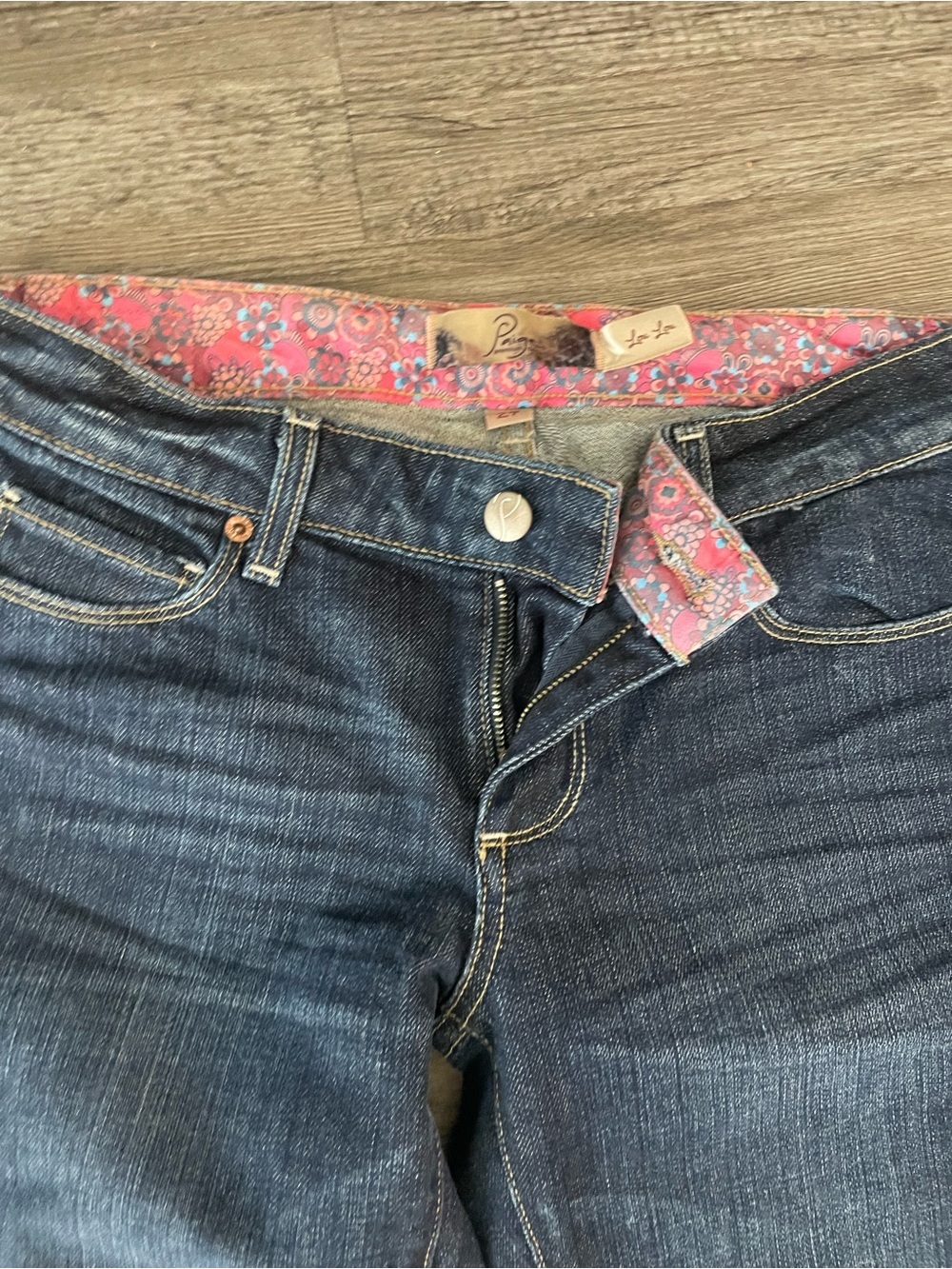 PAIGE Dark Blue Flare Jeans with Pink Waistband Detail - Picture 3 of 5